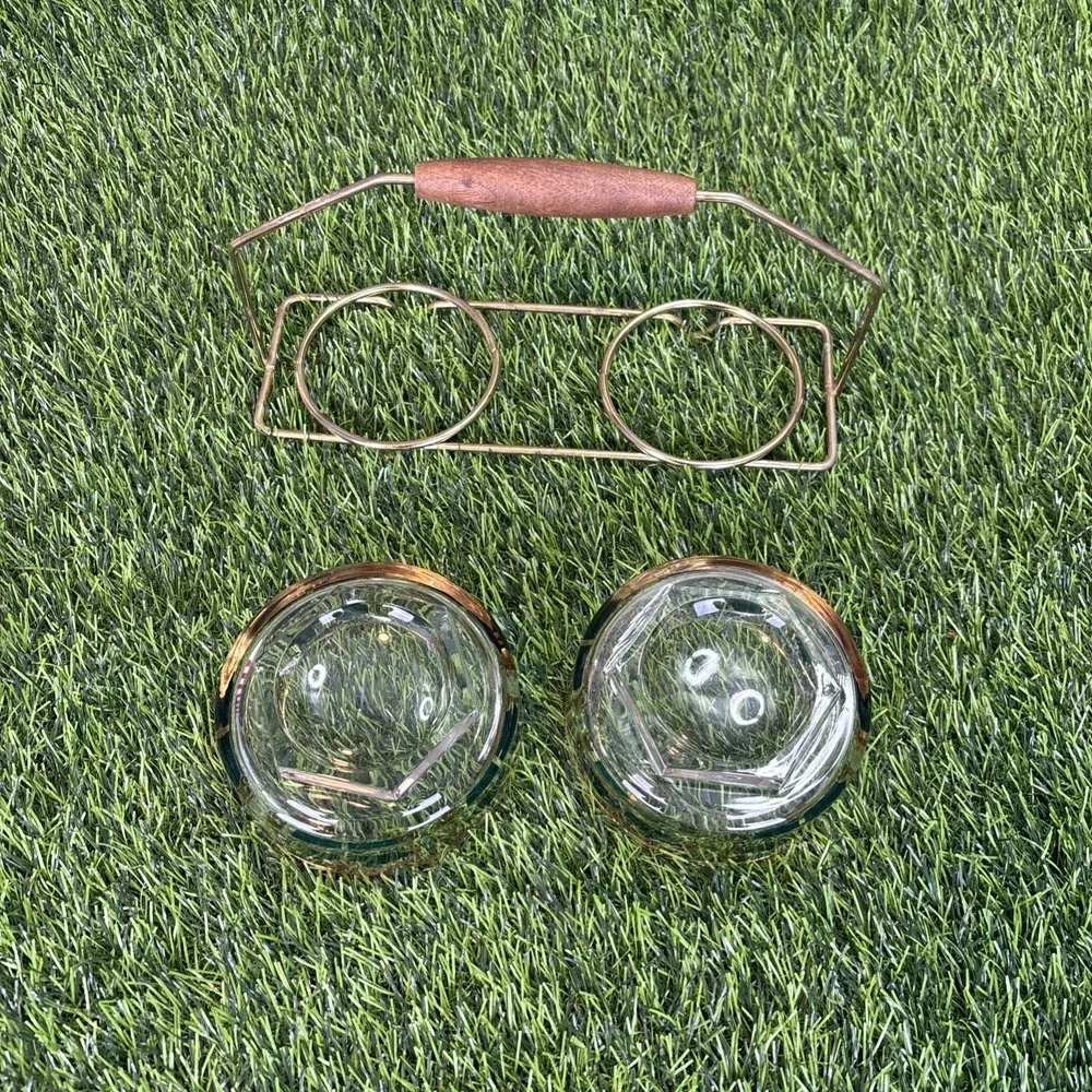 Vintage Gold Green Glass Bowls w/ Brass Tone‎ Caddy Wood Handle MCM Style Set